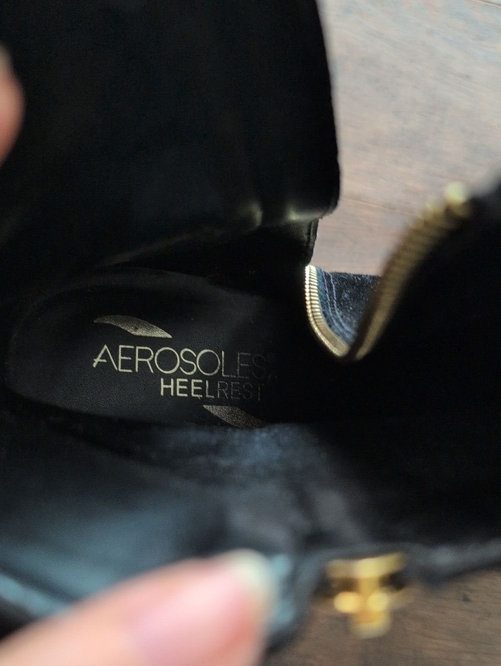 Aerosoles Black Suede Ankle Boots with Two Sided Gold Zipper, size 11 - Picture 6 of 8